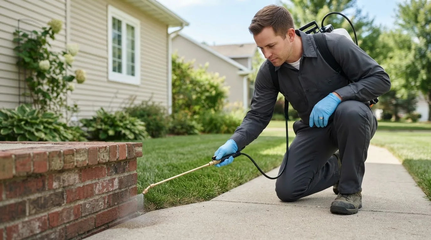 Pest control technician treating a home near Rosholt, SD